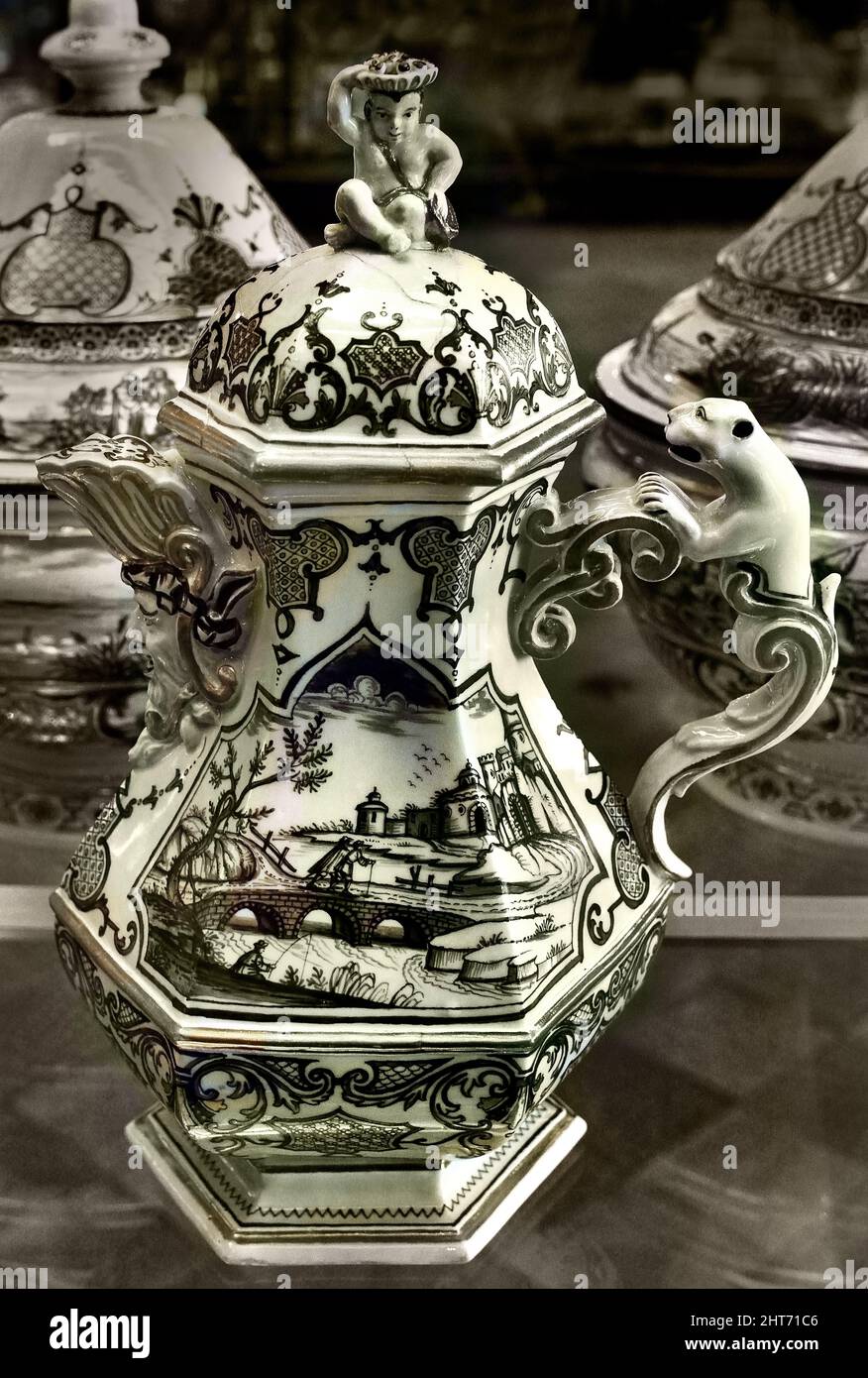 Teiere - Teapots `alla Berain` 1740, Faenza, Ferniani - Regoli. Palazzo Madama, Casaforte degli Acaja, palace in Turin, Italy, Italian,    ( Palazzo Madama, the most ancient building in Turin, is right in the city centre. Having played a leading role in its history from Roman times through to the present day, it was declared a World Heritage Site with the other Residences of the House of Savoy in 1997.) Stock Photo